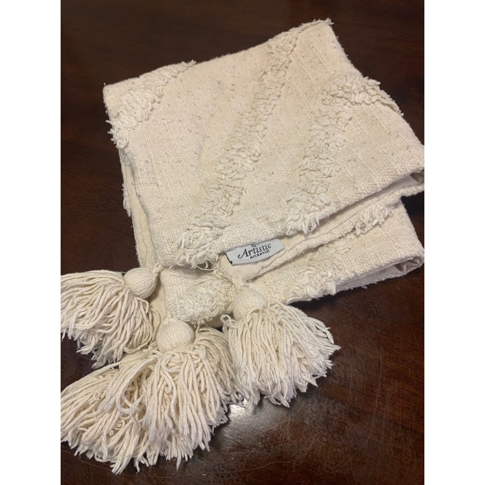 Artistic Accents Cream Textured Tufted Cotton Tassel  Pillow Cover Boho 19X17